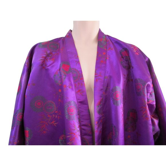 Asian Inspired Tie Front Kimono Robe Purple Red Green Brocade Damask Damage L XL - Picture 14 of 16
